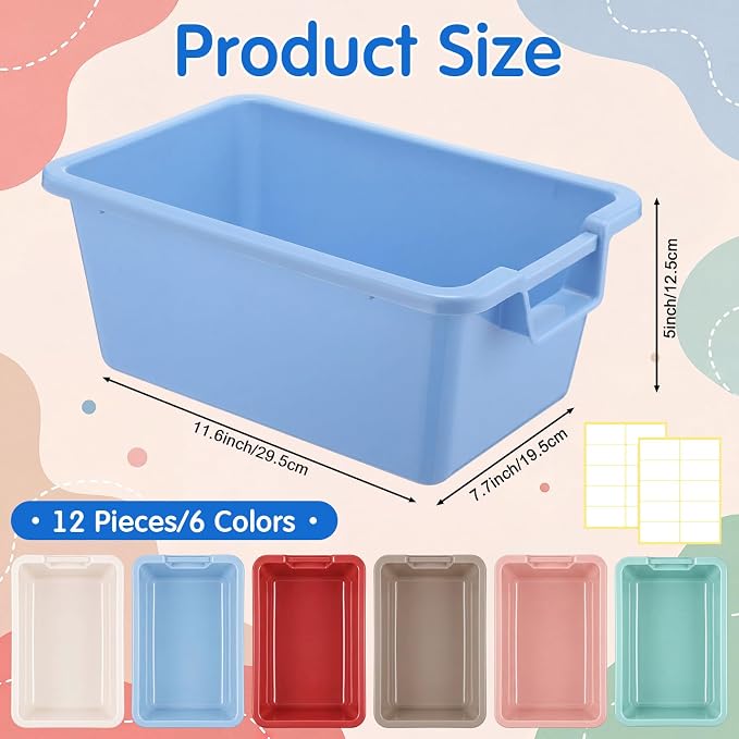 Thyle 12 Pieces Plastic Cubby Bins with Labels Classroom Book Bins Stackable Storage Container Durable Toy Storage Organizer Baskets for School Classroom Office (Handle,Morandi Color2)