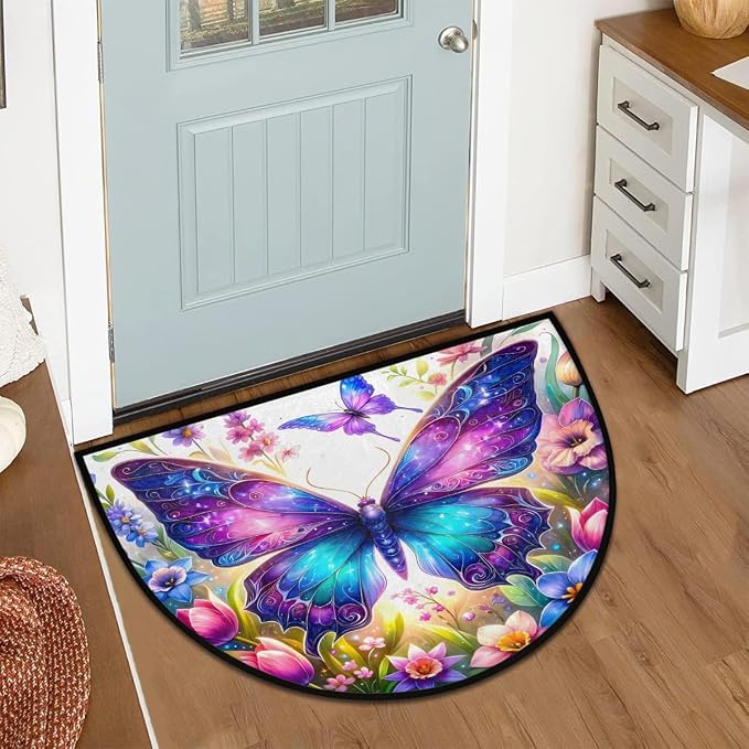 Pardick Half Round Doormat Butterfly Flower Spring Semi Circle Rug Non Slip Indoor Outdoor Entrance Half Moon Rug Washable Front Floor Mat for Kitchen Bathroom Patio Fireplace Holiday Decor