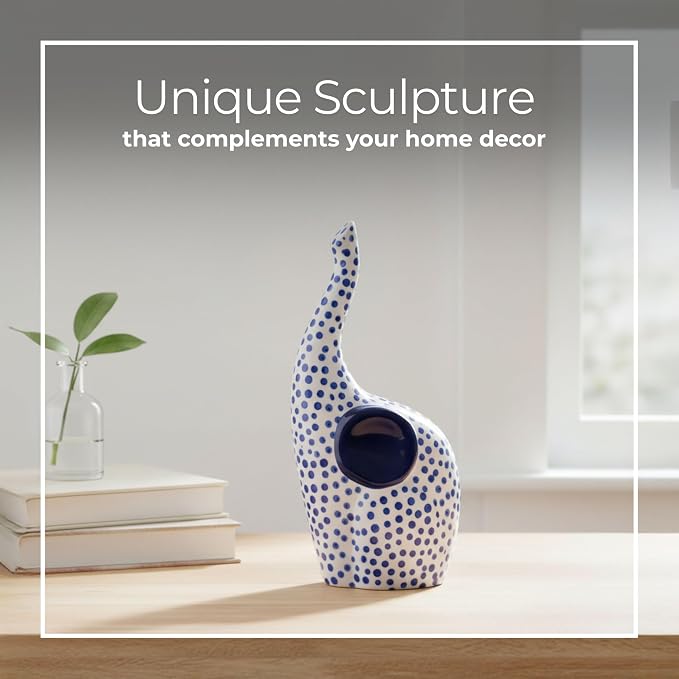 Ceramic Elephant Figurine Sculpture – Artful Room Decor Accent, Shelf, Desk, or Mantel Placement, Boho Home Decor Detail with Symbolic Charm – 8", Blue and White Finish