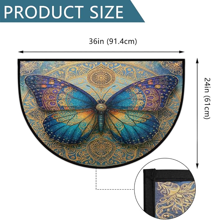 Butterfly Half Round Door Mat Semi Circle Rug Half Moon Doormat | Soft Washable Turquoise Gold Welcome Entrance Mat for Outdoor Indoor Floor Bedroom Bathroom Home Kitchen Festival Decor