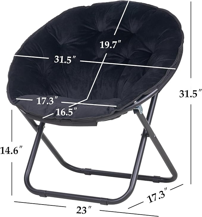 VECELO Saucer Chair for Adults, Folding Moon Chair with Metal Frame, Faux Fur for Bedroom, Living Room, Dorm Room, Apartment, Black