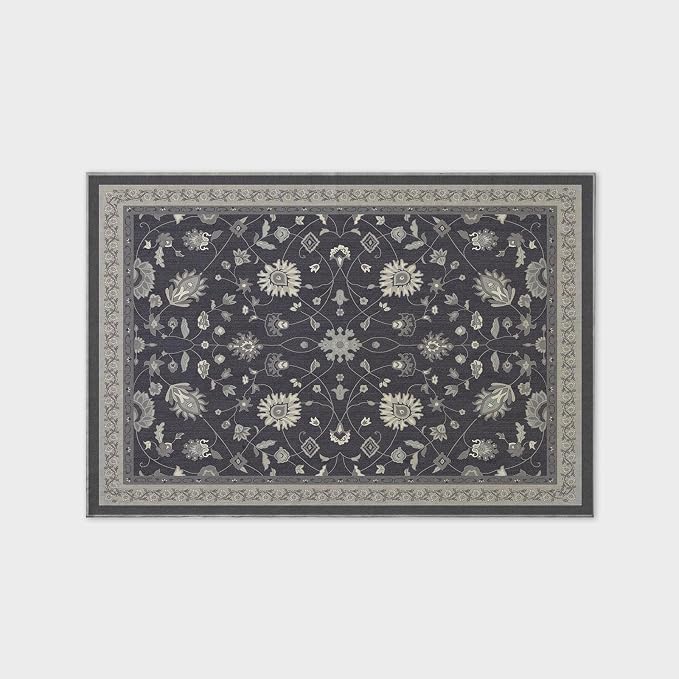 EVERGRACE Area Rugs for Living Room 4x6, Boho Floral Faux Wool Indoor Outdoor Rugs, Washable Rugs for Bedroom Entryway Dining Room Hallyway, Low Pile Floor Mat Carpet for Home Decor, Ebony Black