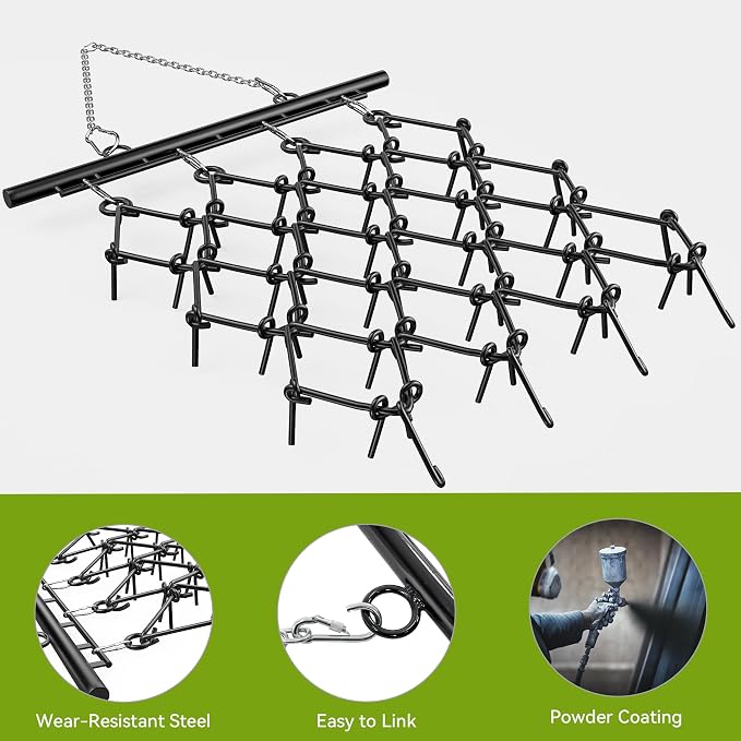 AUTOSAVER88 4'x 4' Heavy Duty Drag Harrow,1/2in Tines,Chain Drag Harrow Compatible with Tractors ATV UTV Lawn Tractor, Black