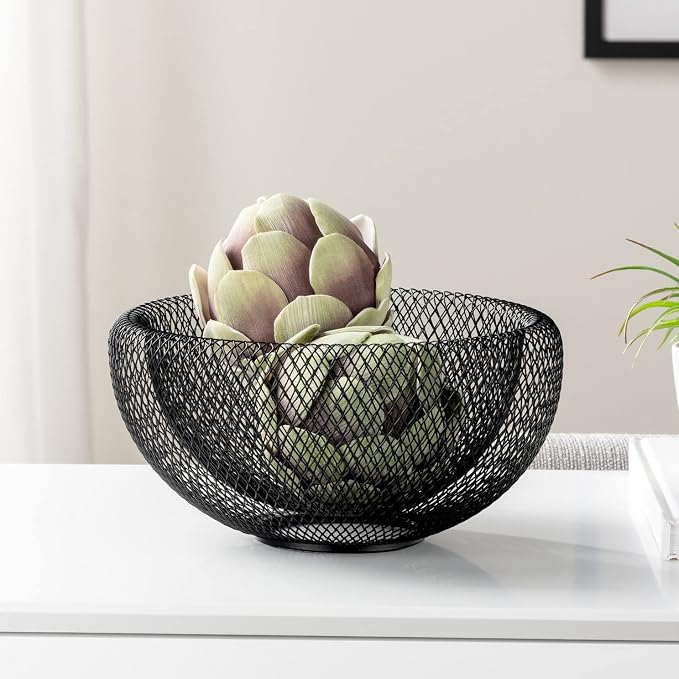 Torre & Tagus 9 Inch Black Double Wall Wire Mesh Metal Decorative Bowl, Modern Fruit Bowl Basket for Kitchen Island, Dining Room Table, Entryway Console, Great Room Accent Table, Home Office Decor