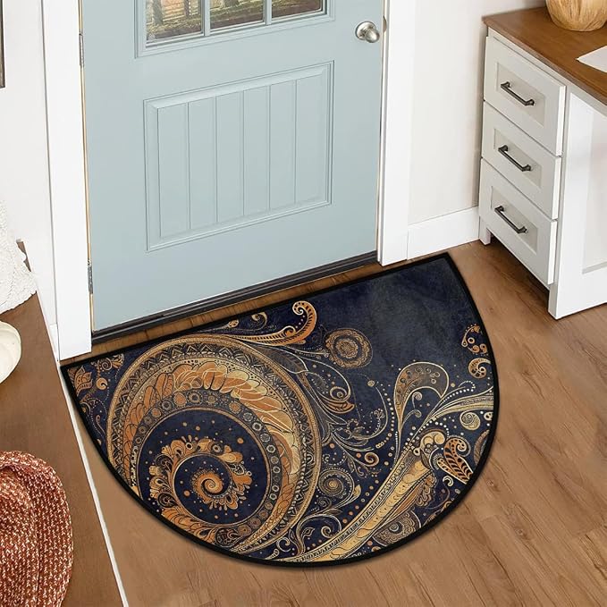 Gold Vintage Paisley Half Round Door Mat Non-Slip Semi Circle Rug Washable Half Moon Floor Rug Absorbent Bathroom Area Rugs for Outdoor Indoor Fireplace Mat Entryway Kitchen Decor Rugs