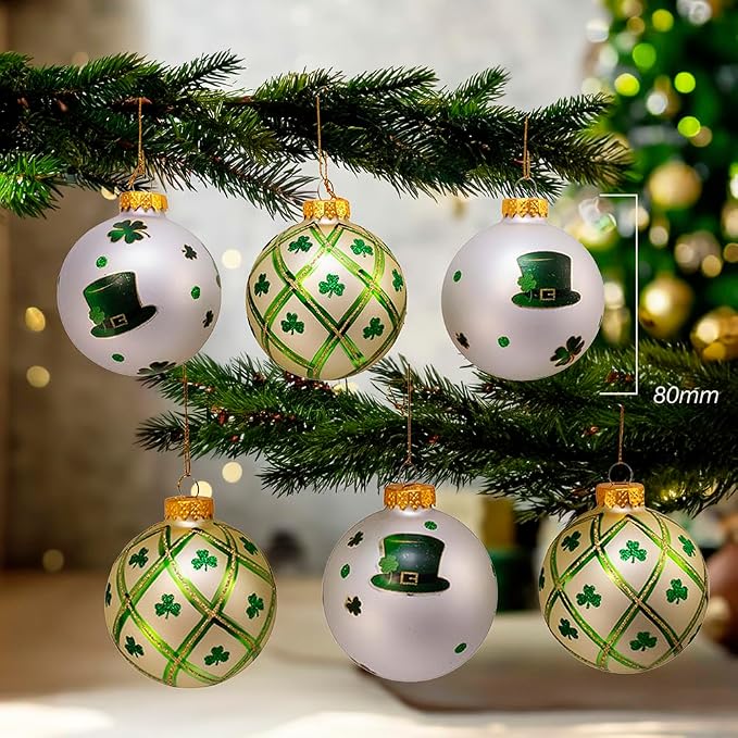 Kurt Adler 80MM Silver and Light Green St. Patrick Glass Ball Ornaments, 6 Piece Box