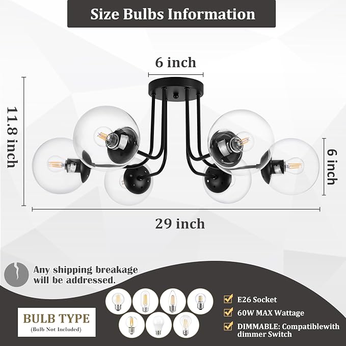 KoKo&Yukina 6-Light Modern Semi Flush Mount Ceiling Light Fixture Mid Century Ceiling Light Globe Ceiling Light with Clear Glass Shade Matte Black Finish for Bedroom Hallway Dining Room Living Room