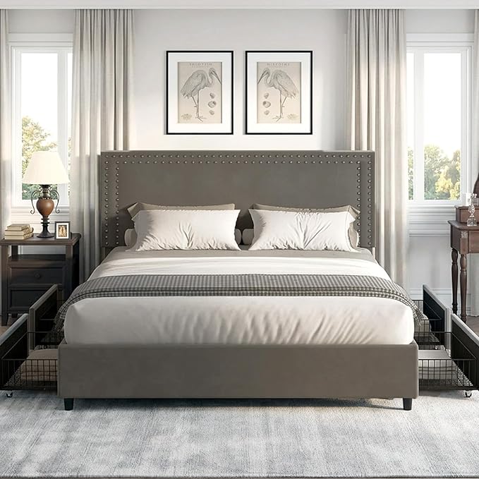 VECELO Queen Size Upholstered Bed Frame with 4 Storage Drawers, Adjustable Velvet Rivet Decor Headboard, Wooden Slats Platform Support, No Box Spring Needed, Easy Assembly,Dark Grey