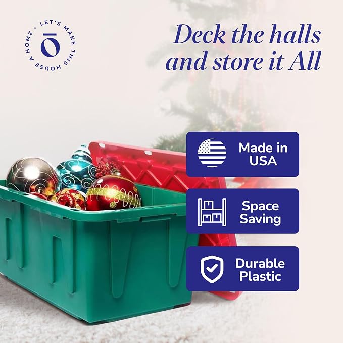 HOMZ Holiday Plastic Storage Container, 27 Gallon - Set of 2, Green and Red, 2 Sets | Heavy-Duty Large Stackable Container Seasonal Boxes for Home, Attic, and Garage Organization