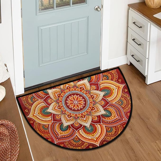 Lotu Half Round Door Mat Semi Moon Rug Fireplace Carpet Area Rugs | Red Bohemian Non Slip Absorbent Half Circle Mat Carpet for Indoor Outdoor Patio Kitchen Bathroom Entryway Home Decor