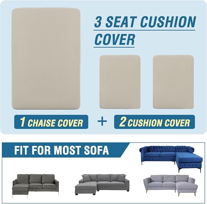 H.VERSAILTEX Sectional Couch Covers 3 Pieces Sofa Seat Cushion Covers L Shape Separate Cushion Couch Chaise Cover for Both Left/Right Sectional Couch (Seat Only: 1 Chaise + 2 Sofa, Island Fossi)