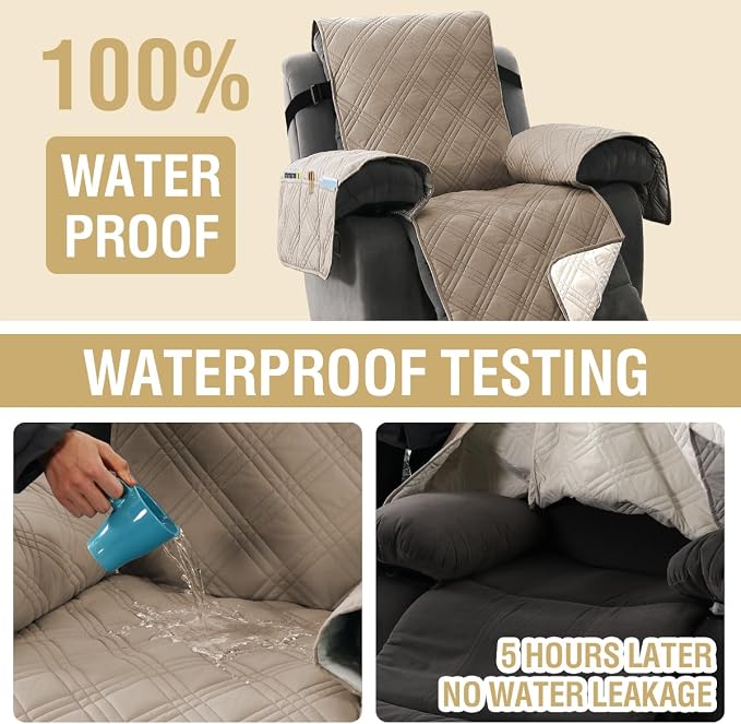 H.VERSAILTEX 100% Waterproof Cover for Recliner Chair 1-Piece Reversible Recliner Covers for Large Recliner with Elastic Straps Sitting Width Up to 28" (Oversized Recliner, Taupe/Beige)