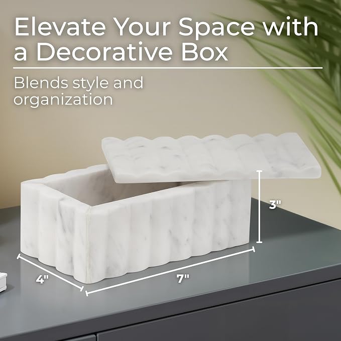 Marble Decorative Storage Box with Lid – Sculpted Fluted Home Organizer Keepsake Boxes for Jewelry – Chic Decorative Box for Office and Home Decor – 4"x3", White