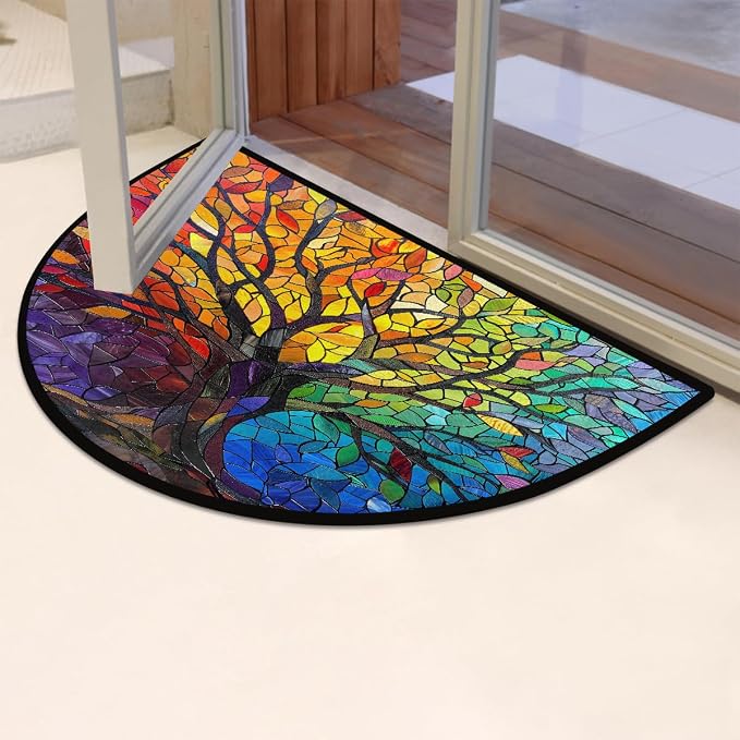 Tree Half Round Doormat Non-Slip Semi Circle Rug Half Moon Mat | Color Stained Glass Washable Soft Absorbent Indoor Outdoor Entrance Kitchen Bathroom Sink Patio Welcome Fireplace Floor Rug