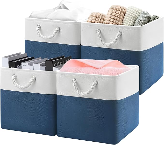 Patvingot 13-Inch Fabric Cube Storage Bins with Handles,4 Pack,Foldable | For cube shelves and closets,keeps grouped for everyday access,reinforced opening and fold-flat storage,white and blue