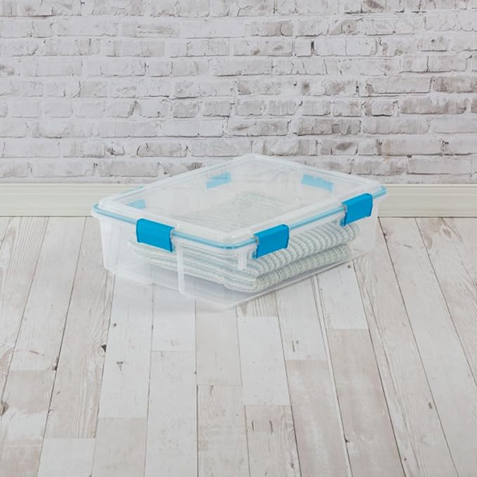 Sterilite Gasket Storage Box with Lids for Home & Office, 37 Quart, 16-Pack | Heavy-Duty, Stackable, and Organizing Containers for Bathroom, Cabinet, Closet, and Garage, Clear and Blue Aquarium Latches