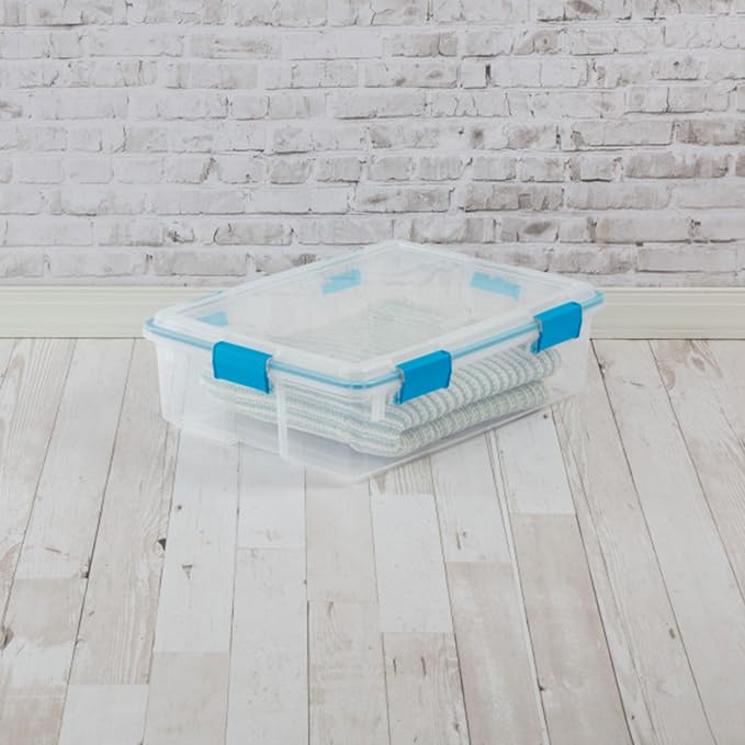 Sterilite Gasket Storage Box with Lids for Home & Office, 37 Quart, 4-Pack | Heavy-Duty, Stackable, and Organizing Containers for Bathroom, Cabinet, Closet, and Garage, Clear and Blue Aquarium Latches