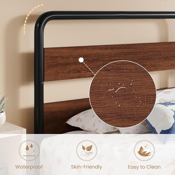 SHA CERLIN Twin Size Metal Bed Frame with Wooden Headboard and Footboard, Heavy Duty Oval-Shaped Platform Bed Frame with 10" Under-Bed Storage, Heavy Duty Slats Support, No Box Spring Needed, Walnut
