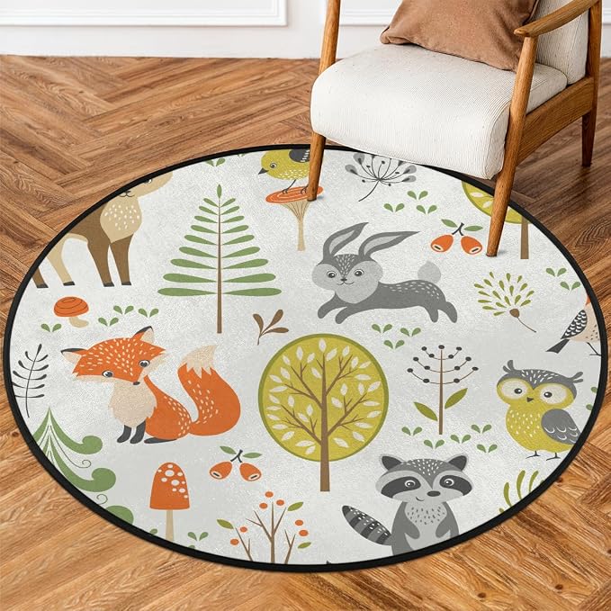 Woodland Animals Round Area Rug, Fox Elk Bear Mushroom Non-Slip Circle Rug for Bedroom Living Room Outdoor Study Playing Floor Mat Carpet, 5.2' Diameter