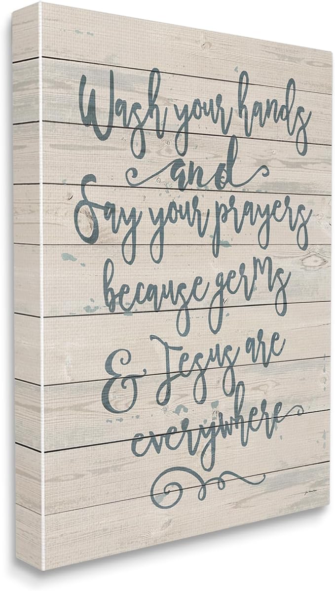 Stupell Industries 'Blue Script Germs and Jesus Cursive Planked Look Typography', Canvas Art, 16 x 20 Inches, Easy to Hang and Sturdy, Made in USA, by Jo Moulton