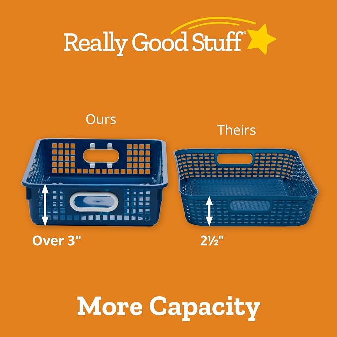Really Good Stuff Multi-Purpose Small Desktop Paper Storage Baskets, 4 Pack | 14" x 10" x 3.25", Black, Classroom Organization, Stackable Mesh Plastic Baskets with Grip Handles