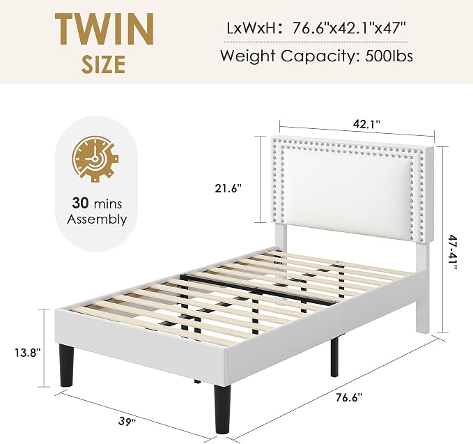 VECELO Twin Size Platform Bed Frame with Height Adjustable Upholstered Headboard, Modern Mattress Foundation,Strong Wood Slat Support, No Box Spring Needed, Easy Assembly,White