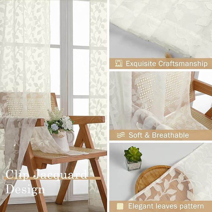 Chyhomenyc Ivory Sheer Curtains 24 Inch Length, Light Filtering Leaf Tufted - Image 8