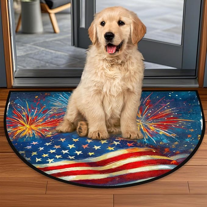 Fireworks Flag Half Round Door Mat Semi Circle Rug Half Moon Doormat | Fireworks Flag Soft Washable Welcome Entrance Mat for Outdoor Indoor Floor Bedroom Bathroom Home Kitchen Festival Decor