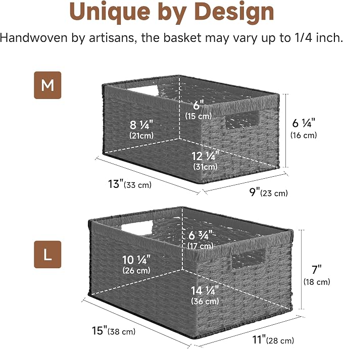 StorageWorks Wicker Storage Baskets for Organizing, Wicker Basket with Handles, Decorative Storage Baskets for Shelves, Black Paper Rope, 2 Pack