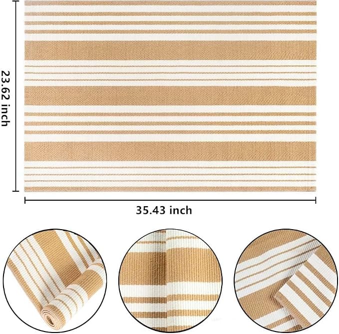 Khaki and White Striped Outdoor Rug 24'' x 35'' Door Mat Outdoor Machine Washable Welcome Mats Cotton Hand-Woven Entryway Rug for Front Porch/Entryway/Laundry/Bathroom/Bedroom
