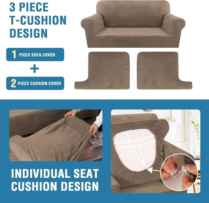 H.VERSAILTEX Sofa Cover 3 Piece T Cushion Sofa Slipcovers Thick Velvet Couch Cover Furniture Protector Stretch T Cushion Sofa Covers for 2 Cushion Couch with 2 Individual T Cushion Covers, Camel