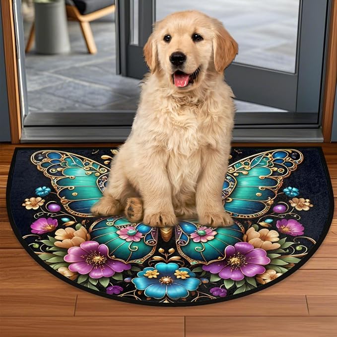 Pretty Butterfly Half Round Door Mat Semi Circle Rug Half Moon Doormat | Pretty Butterfly Soft Washable Welcome Entrance Mat for Outdoor Indoor Floor Bedroom Bathroom Home Kitchen Festival Decor