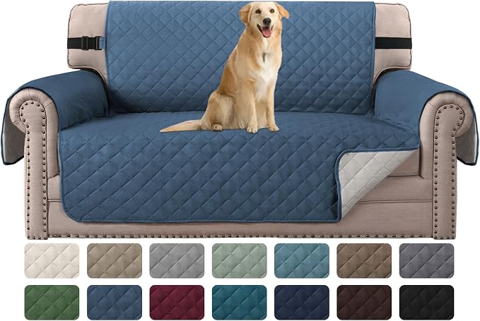 H.VERSAILTEX Loveseat Slipcover Reversible Loveseat Cover Seat Width Up to 46" Water Resistant Couch Cover with Elastic Strap Quilted Furniture Protector for Pets(Loveseat, Dark Blue/Beige)