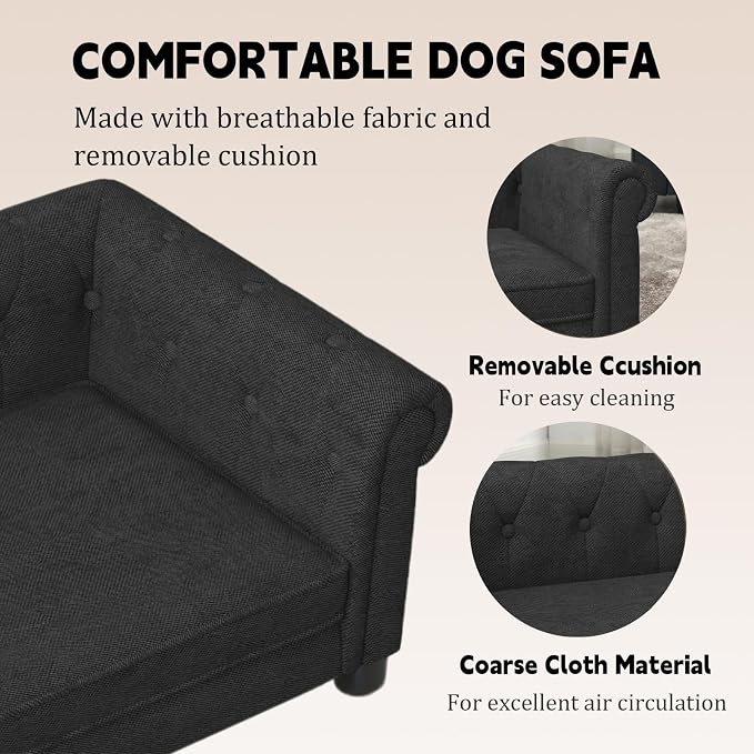 39" Dog Sofa Couch Bed for Small, Medium, Large Dogs,Memory Foam Pet Sofa with Removable Cover, Comfortable Pet Couch with Backrest and Armrests, Easy to Clean and Maintain（Black）