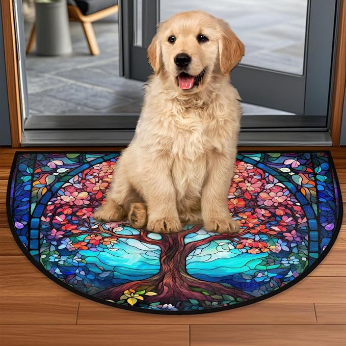 Tree Blue Orange Half Round Door Mat Non-Slip Semi Circle Rug Washable Half Moon Floor Rug Absorbent Bathroom Area Rugs for Outdoor Indoor Fireplace Mat Entryway Kitchen Decor Rugs