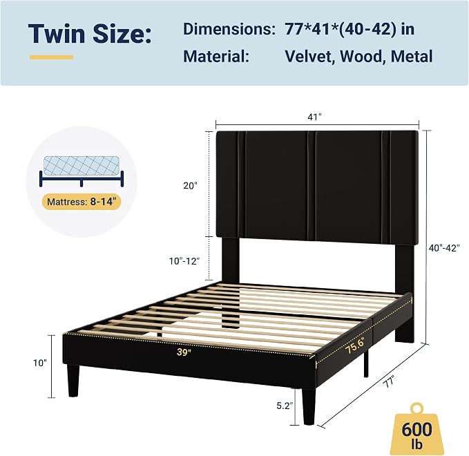 Allewie Twin Size Platform Bed Frame with Adjustable Headboard | Plush Velvet Upholstered, Vertical Channel Tufted, Sturdy Wood Slats, No Box Spring Needed, Easy Assembly, Black