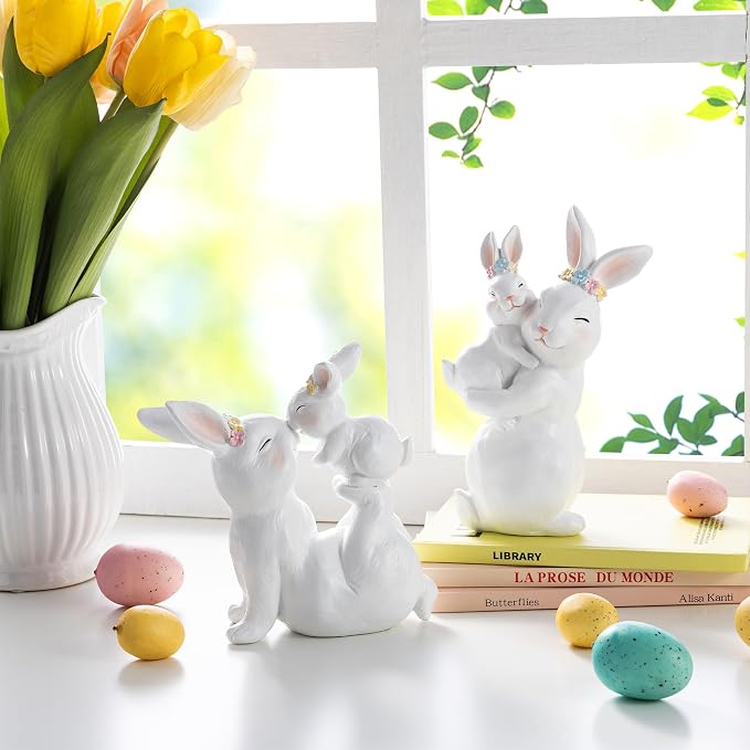 Glitzhome Easter Decorations Bunny Figurine, Set of 2 Resin Mother and Baby Rabbit Tabletop Centerpiece for Spring Home Indoor & Outdoor Decor