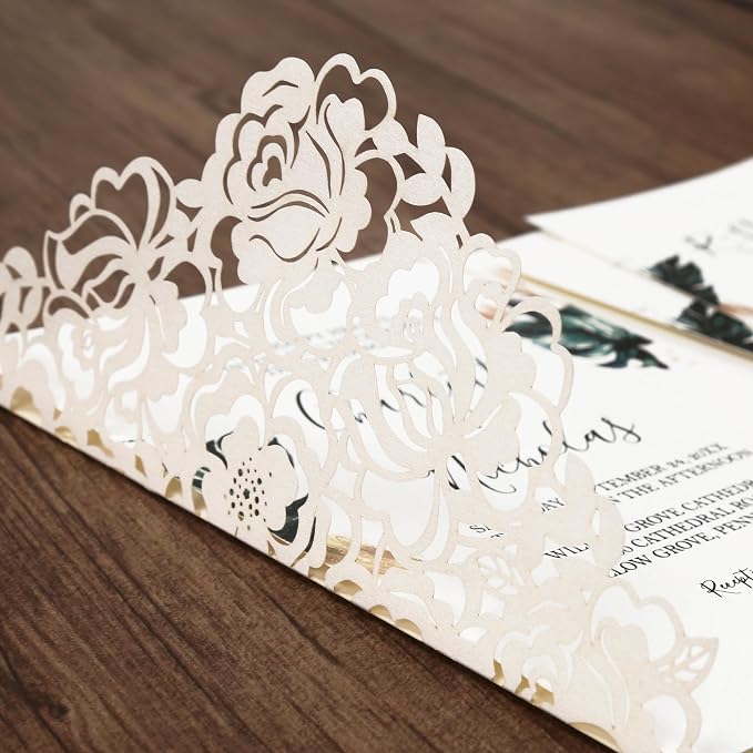 DORIS HOME Laser Cut Wedding Invitation Pockets, Ivory White, 5"x7" | 50pcs, With Envelopes, For Wedding & Anniversary, No Inserts Included