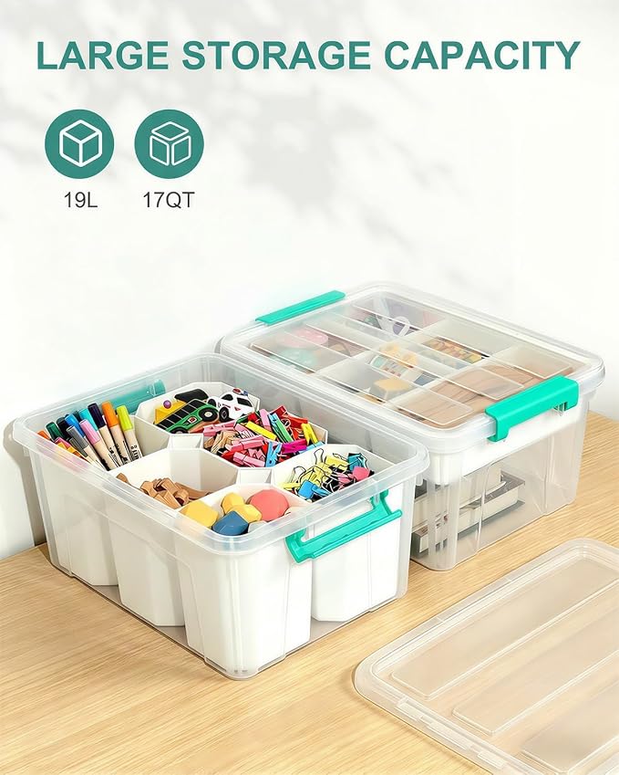 NUMIFUN 17QT Clear Storage Bins with Lids & Dividers for Crafts | Stackable 17-quart transparent box featuring 6 tall removable inserts. Perfect for organizing crafts, tools, toys & crayons