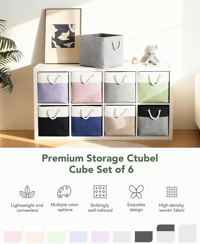 13x15x13 Inch Large Storage Bins with Cotton Rope Handles 6-Pack | Foldable, Top support of metal frame, Bottom with Cardboard Support, Fabric Cube Storage Bins for Closet, White Green
