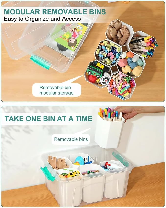 NUMIFUN 17QT Clear Storage Bins with Lids & Dividers for Crafts | Stackable 17-quart transparent box featuring 6 tall removable inserts. Perfect for organizing crafts, tools, toys & crayons