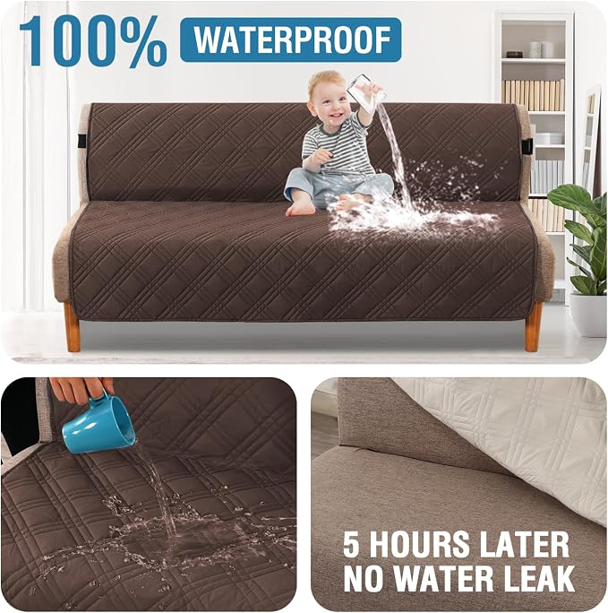 H.VERSAILTEX 100% Waterproof Futon Cover Reversible Sofa Bed Cover Armless Sofa Covers Washable Soft Sturdy Furniture Protector with Adjustable Elastic Strap Anti-Slip, Brown/Beige