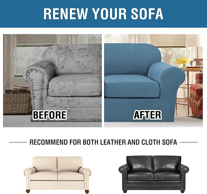 H.VERSAILTEX 3 Piece Stretch Sofa Covers for 2 Cushion Sofa Couch Covers for Living Room Furniture Cover (Base Cover Plus 2 Seat Cushion Covers) Thicker Jacquard Fabric(Large Sofa, Dusty Blue)