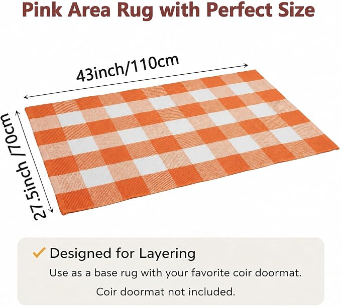 27.5"x43" Outdoor Rug, Orange and White Front Door Mat, Cotton Woven Entryway Rug, Washable Layering Rug for Front Porch Fall Outdoor Decor