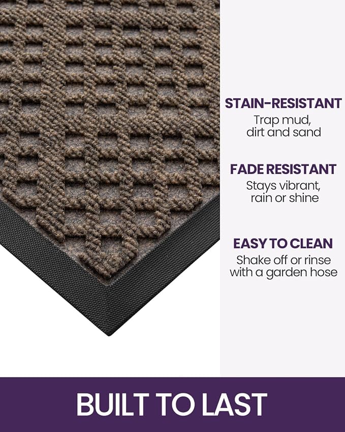 DEXI Front Door Mat Outside Entrance, 2x3 Heavy Duty Entry Doormat Dirt Trapper with Rubber Back, Non Slip Low Profile Floor Mats for Entryway Exterior Patio, Rhombic Brown