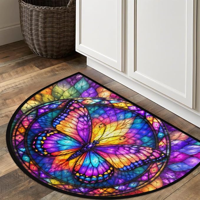 Butterfly Half Round Door Mat Welcome Entrance Mat Bath Bathroom Rug A8 | Butterfly Glass Painting Welcome Entrance Mat Anti-Slip Half Moon Bath Mat Semi Circle Rug Indoor Outdoor Kitchen Rug
