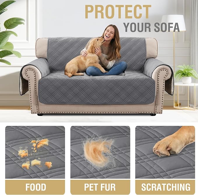 H.VERSAILTEX 100% Waterproof Loveseat Covers for 2 Cushion Couch Modern Sofa Covers Waterproof and Washable Thick Soft Couch Cover for Dogs with Elastic Straps (Loveseat, Grey/Beige)