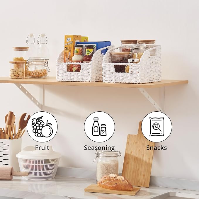 OIAHOMY Pantry Baskets for Organizing, Paper Rope Baskets with Built-in Handles, Wicker Storage Bints for Shelves, 2 Pack-White