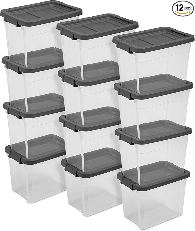 Sterilite Modular Stacker Box with Latching Lid, 30 Quart, 12-Pack | Clear Plastic Storage Bins - Stackable Organizing Container Boxes for Closet, Bathroom, and Office
