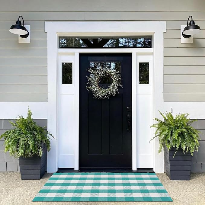 Ckorzen Green and White Plaid Rug, 4' x 6' Spring Outdoor Front Porch Door Decor Mat, Washable Cotton Woven Farmhouse Area Rug for Layered Door Mats Carpet, Entryway, Easter Décor